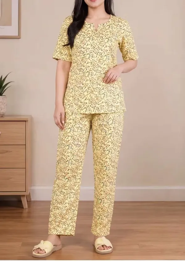 Yellow_Floral_Printe_Pure_Cotton_Short_Sleeve_Loungewear_Co-Or_Set