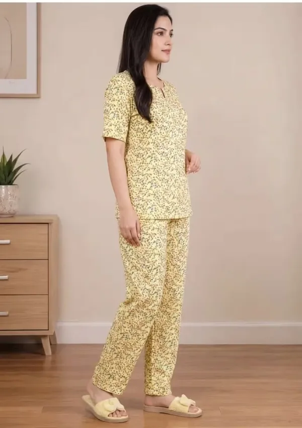Yellow_Floral_Printe_Pure_Cotton_Short_Sleeve_Loungewear_Co-Or_Set