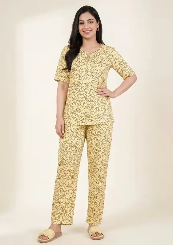 Yellow_Floral_Printe_Pure_Cotton_Short_Sleeve_Loungewear_Co-Or_Set