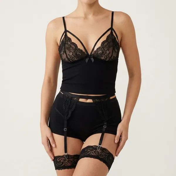 Black_Chiffon_Lace_Lingerie_Set_With_Garter_Belt_For_Women