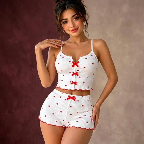 White_Ribbed_Heart_Print_Cami_Top_Shorts_Sleepwear_Set_For_Women