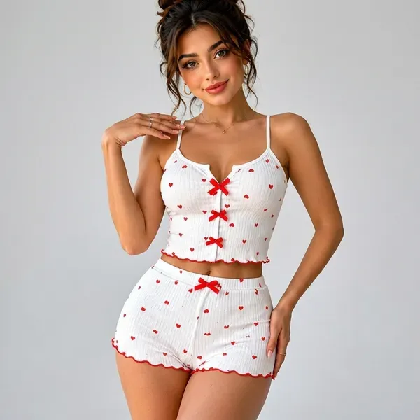 White_Ribbed_Heart_Print_Cami_Top_Shorts_Sleepwear_Set_For_Women