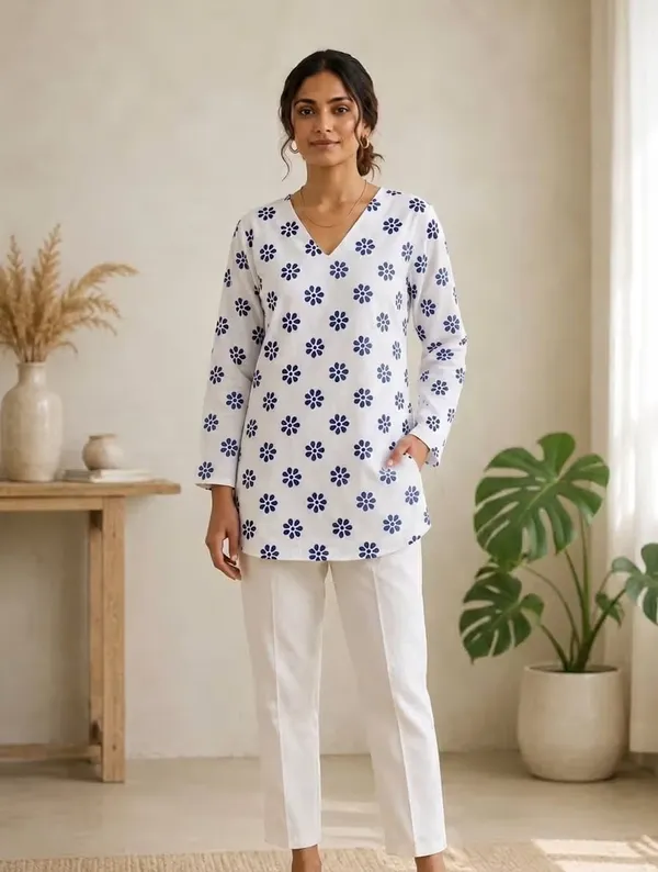 White_Floral_Printed_Rayon_V-Neck_Short_Kurti_For_Daily_Wear