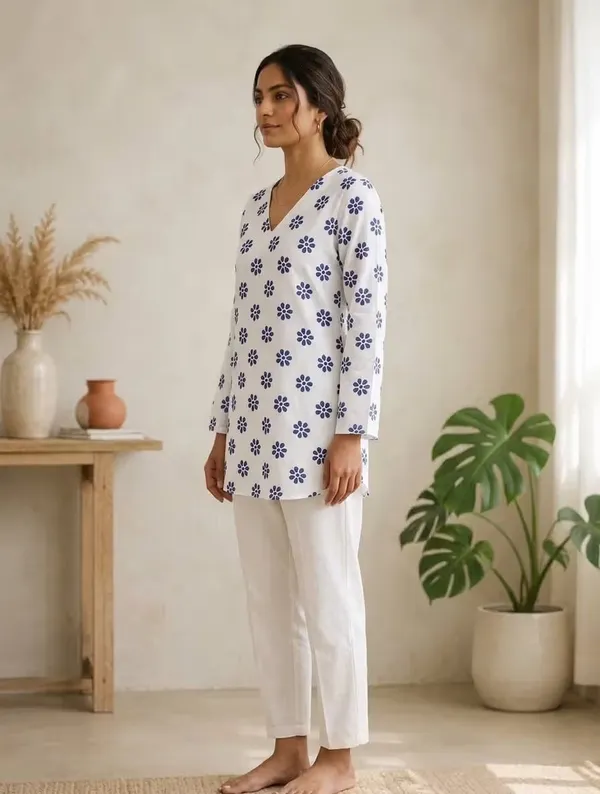 White_Floral_Printed_Rayon_V-Neck_Short_Kurti_For_Daily_Wear
