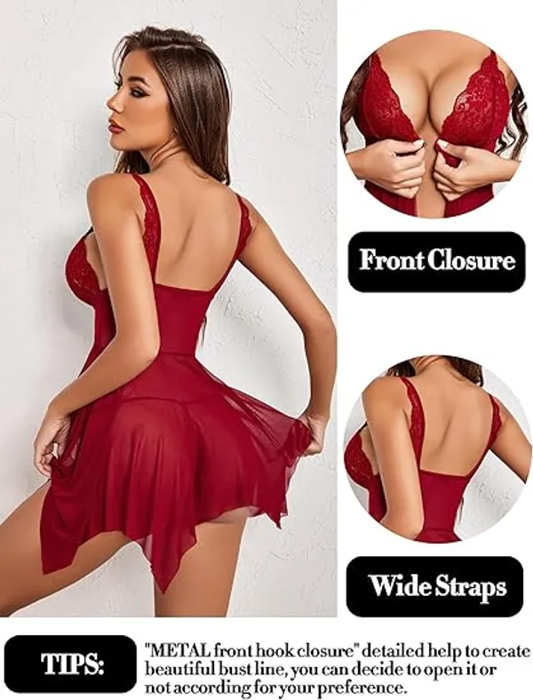 Women’s_Maroon_Lace_Babydoll_Lingerie_Nightwear_Dress