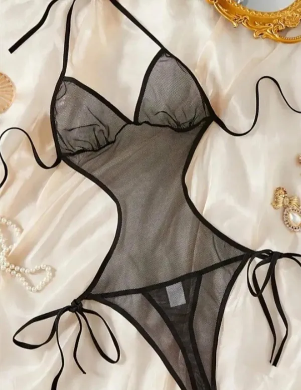 Women's_Ruffled_One-Piece_Set_-_Black_with_Contrast_Pink_Trim_and_Heart_Detail