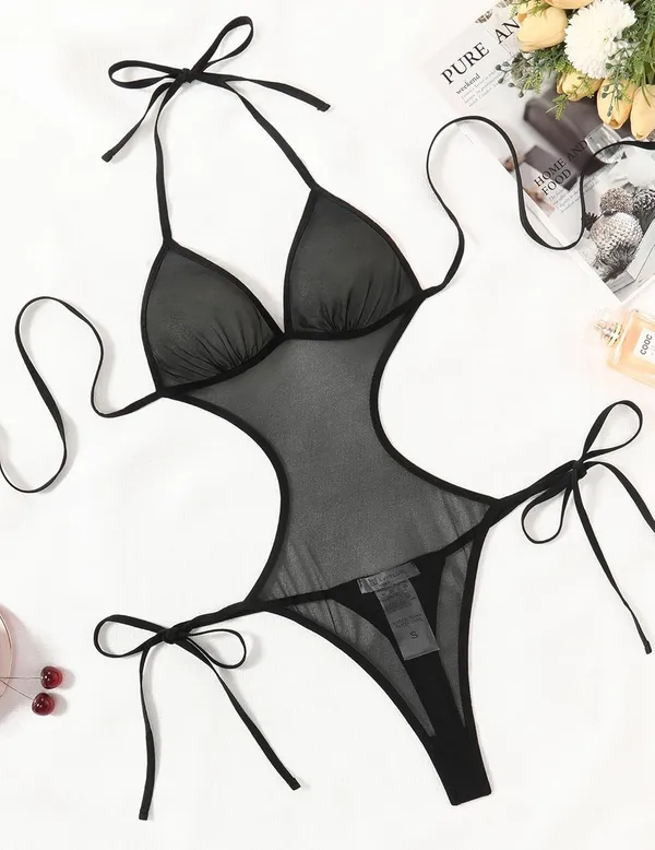 Women's_Ruffled_One-Piece_Set_-_Black_with_Contrast_Pink_Trim_and_Heart_Detail