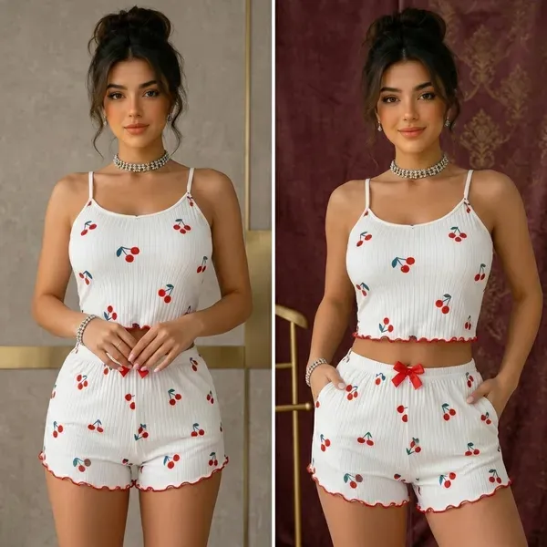 White_Chiffon_Cherry_Print_Cami_Shorts_Set_For_Women