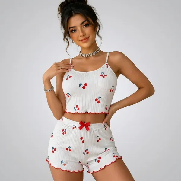 White_Chiffon_Cherry_Print_Cami_Shorts_Set_For_Women