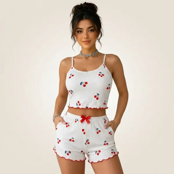 White_Chiffon_Cherry_Print_Cami_Shorts_Set_For_Women