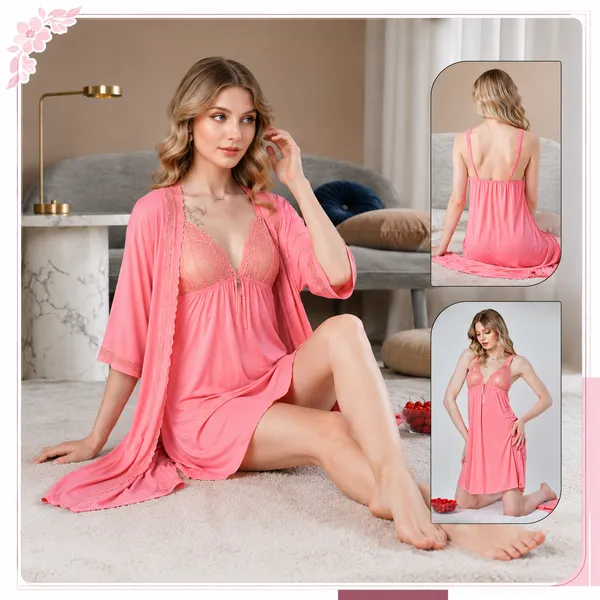 Beaufee_Women's_Padded_Malai_Fabric_Lace_Nightdress_with_Matching_Robe_|_Soft_Stretch_2-Piece_Nightwear_Set_|_Free_Size_|_Peach_Pink