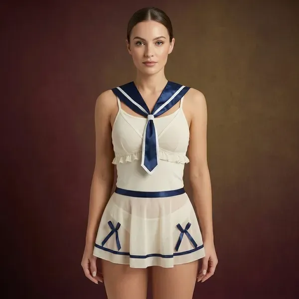 Cream_And_Blue_Chiffon_Sailor_Crop_Top_Pleated_Skirt_Set_For_Women