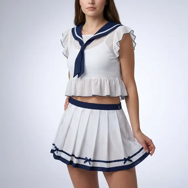 Cream_And_Blue_Chiffon_Sailor_Crop_Top_Pleated_Skirt_Set_For_Women
