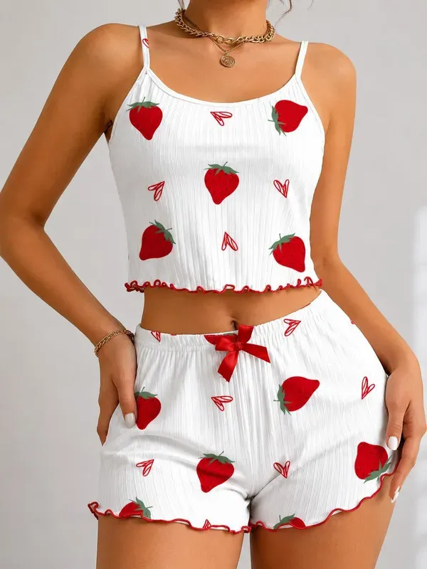 White_And_Red_Chiffon_Strawberry_Print_Ribbed_Cami_Shorts_Set_For_Women