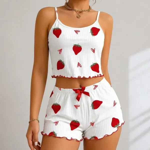 White_And_Red_Chiffon_Strawberry_Print_Ribbed_Cami_Shorts_Set_For_Women