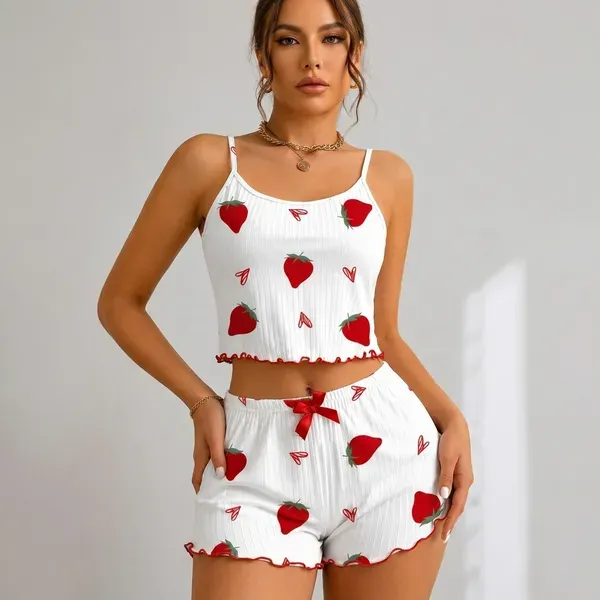 White_And_Red_Chiffon_Strawberry_Print_Ribbed_Cami_Shorts_Set_For_Women