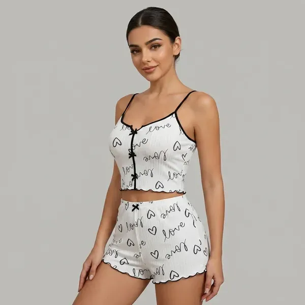 White_Love_Print_Crop_Top_And_Shorts_Night_Suit_Set_For_Women