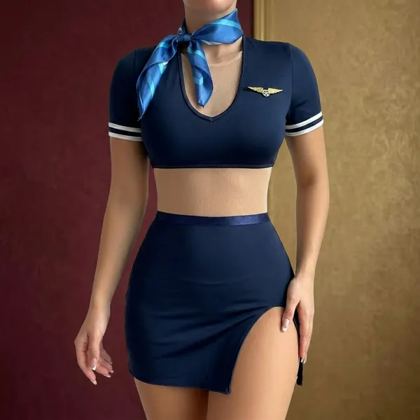 Navy_Blue_Chiffon_Flight_Attendant_Costume_Set_For_Women