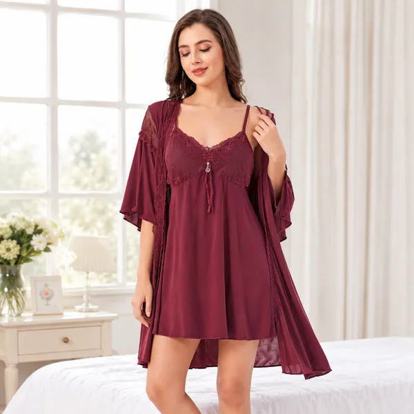 Beaufee_Women's_Padded_Malai_Fabric_Lace_Nightdress_with_Matching_Robe_|_Soft_Stretch_2-Piece_Nightwear_Set_|_Free_Size_|_Maroon
