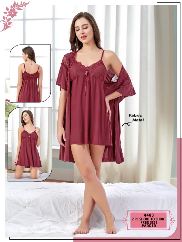 Beaufee_Women's_Padded_Malai_Fabric_Lace_Nightdress_with_Matching_Robe_|_Soft_Stretch_2-Piece_Nightwear_Set_|_Free_Size_|_Maroon