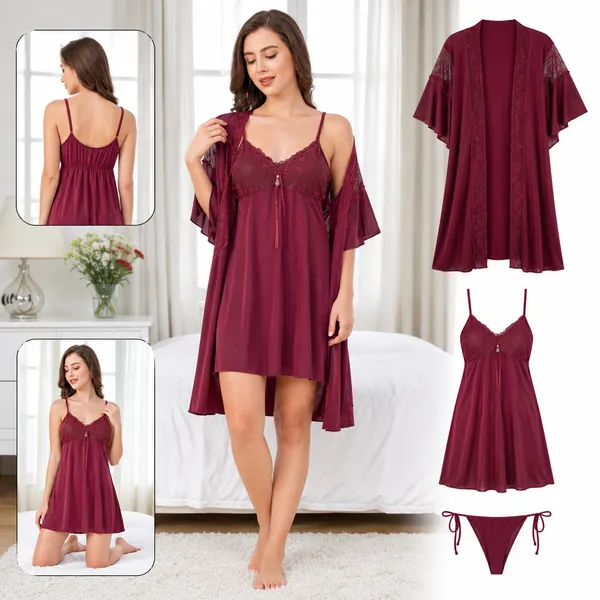 Beaufee_Women's_Padded_Malai_Fabric_Lace_Nightdress_with_Matching_Robe_|_Soft_Stretch_2-Piece_Nightwear_Set_|_Free_Size_|_Maroon