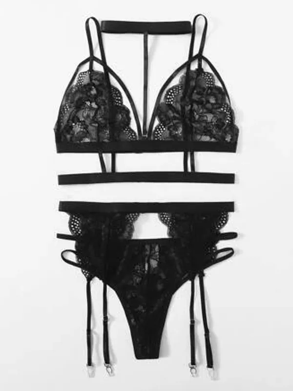 Black_Chiffon_Lace_Lingerie_Set_With_Garter_Belt_For_Women