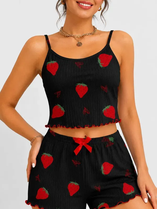 Black_And_Red_Chiffon_Strawberry_Print_Crop_Top_Shorts_Lounge_Set_For_Wom_More