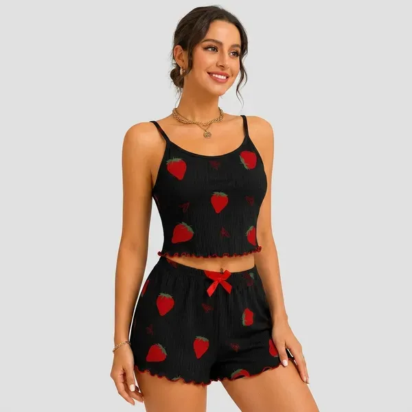 Black_And_Red_Chiffon_Strawberry_Print_Crop_Top_Shorts_Lounge_Set_For_Wom_More