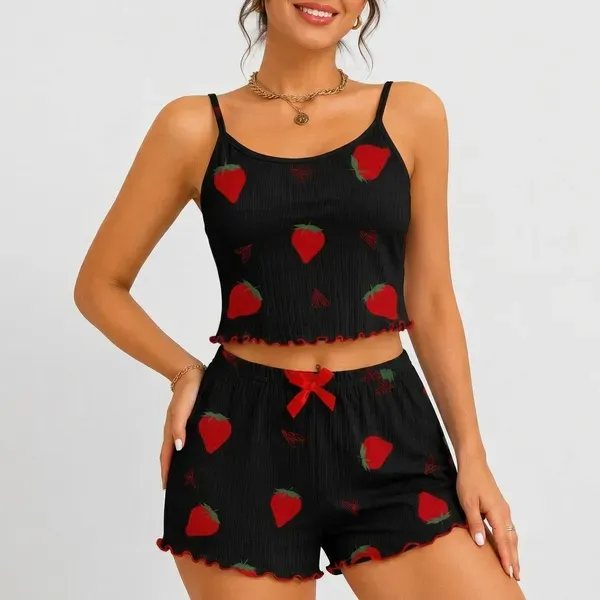 Black_And_Red_Chiffon_Strawberry_Print_Crop_Top_Shorts_Lounge_Set_For_Wom_More