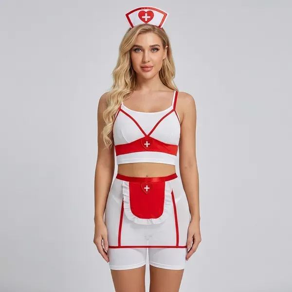 White_And_Red_Chiffon_Nurse_Costume_Lingerie_Set_For_Women