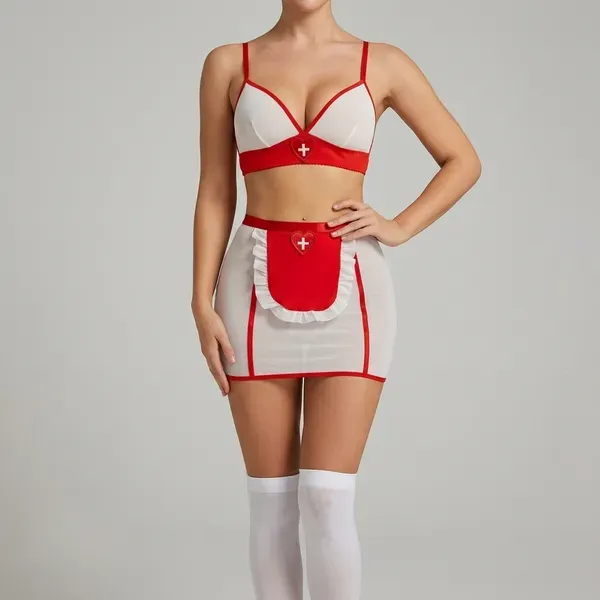 White_And_Red_Chiffon_Nurse_Costume_Lingerie_Set_For_Women