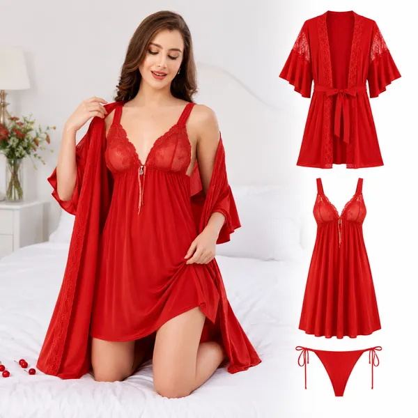 Beaufee_Women's_Malai_Fabric_Lace_Nightdress_with_Matching_Robe_|_Soft_Stretch_2-Piece_Nightwear_Set_|_Free_Size_|_Coral_Red