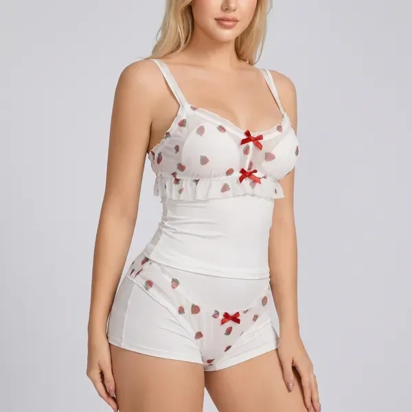 White_Chiffon_Heart_Print_Red_Bow_Accent_Lingerie_Set_For_Women