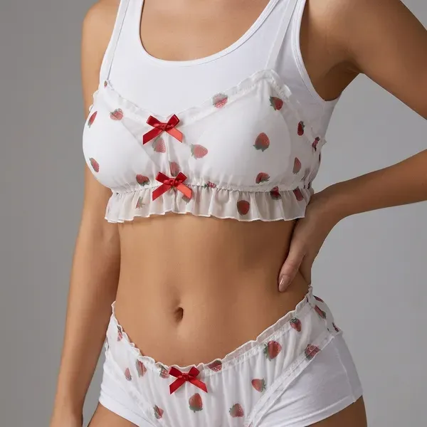 White_Chiffon_Heart_Print_Red_Bow_Accent_Lingerie_Set_For_Women