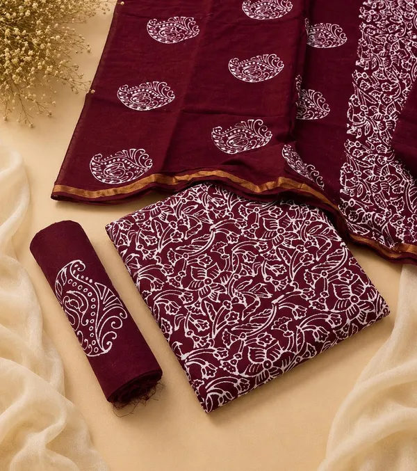 Pure_Cotton_Copper_Batik_Heavy_Suits_🍷_Wine_Berry