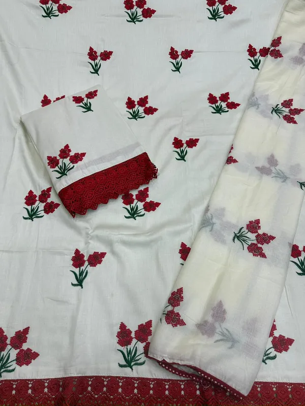 Aahoo_Blossom_Cotton_Embroidered_Dress_Material_Crimson_Blossom