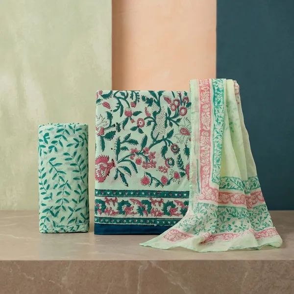 Aahoo_Mint_Aqua_Bloom_Pure_Cotton_Kalamkari_Hand_Block_Print_Suit_With_Chiffon_Dupatta
