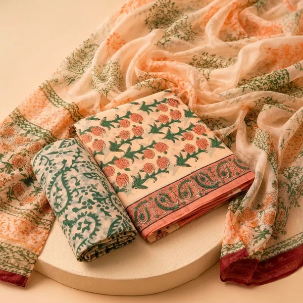 Aahoo_Peach_Blossom_Pure_Cotton_Kalamkari_Hand_Block_Print_Suit_With_Chiffon_Dupatta