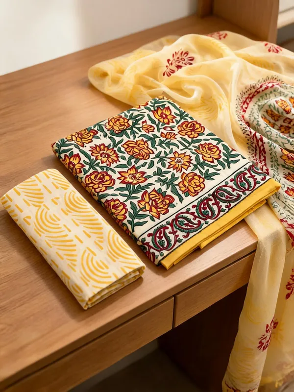 Aahoo_Sunflower_Yellow_Pure_Cotton_Kalamkari_Hand_Block_Print_Suit_With_Chiffon_Dupatta