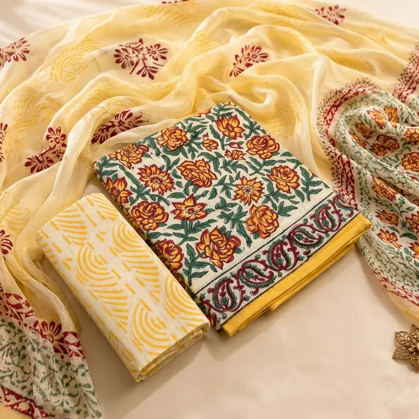 Aahoo_Sunflower_Yellow_Pure_Cotton_Kalamkari_Hand_Block_Print_Suit_With_Chiffon_Dupatta