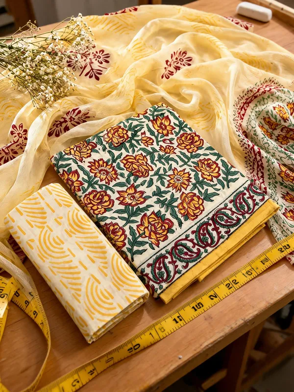 Aahoo_Sunflower_Yellow_Pure_Cotton_Kalamkari_Hand_Block_Print_Suit_With_Chiffon_Dupatta