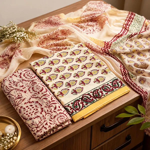 Aahoo_Mustard_Ivory_Pure_Cotton_Kalamkari_Hand_Block_Print_Suit_With_Chiffon_Dupatta