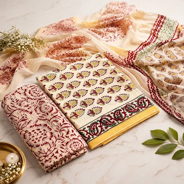 Aahoo_Mustard_Ivory_Pure_Cotton_Kalamkari_Hand_Block_Print_Suit_With_Chiffon_Dupatta