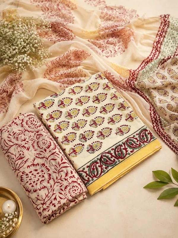 Aahoo_Mustard_Ivory_Pure_Cotton_Kalamkari_Hand_Block_Print_Suit_With_Chiffon_Dupatta