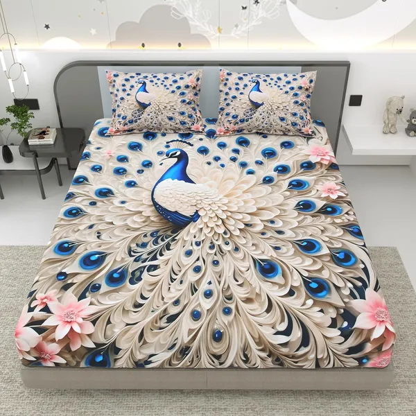 7D_Digital_Dreamy_Peacock_Dancing_Queen_size_Bedsheet_(Buy_1_Get_1)