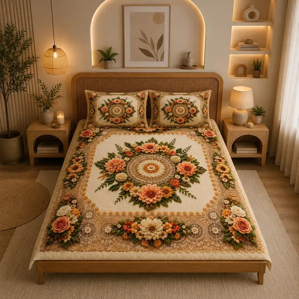 7D_Premium_Beige_Floral_Printed_Queen_size_Cotton_Bedsheet_with_2_Pillow_cover_