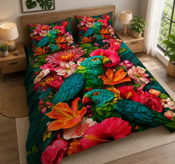 7D_Premium_Parrots_&_Tropical_Flowers_Printed_Cotton_Queen_size_Bedsheet_with_2_Pillow_covers_