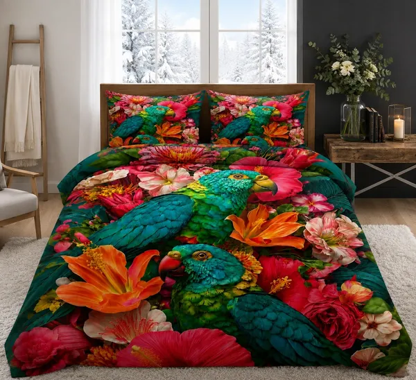 7D_Premium_Parrots_&_Tropical_Flowers_Printed_Cotton_Queen_size_Bedsheet_with_2_Pillow_covers_