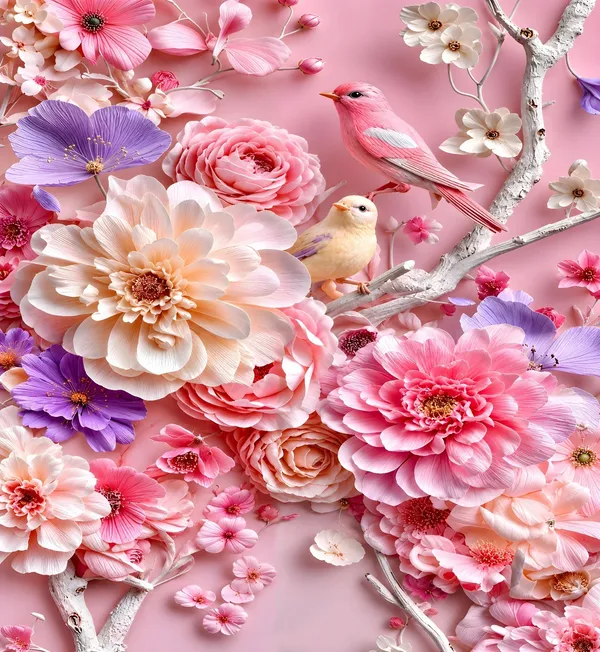7D_Premium_Pink_Blushing_Birds_&_Flowers_Cotton_Queen_Size_Bedsheet_with_2_Pillow_covers_