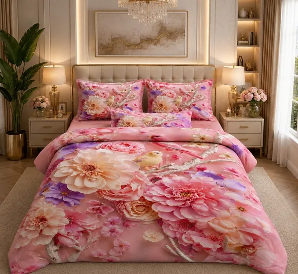 7D_Premium_Pink_Blushing_Birds_&_Flowers_Cotton_Queen_Size_Bedsheet_with_2_Pillow_covers_